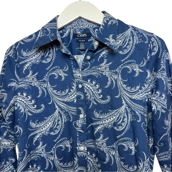 Chaps Blue White Paisley Floral No Iron Button Down Shirt Women’s Size S - Picture 3 of 12